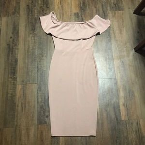 Off the shoulder dress.